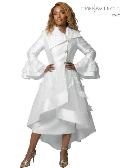 Donna Vinci Couture <br> (Spring/Summer 2026) <br> DV12274 <br> <br> WHITE <br> 8 10 12 14 16 18 20 22<br> <br> 2pc. Duster & Skirt Set <br> Virtual Silk Fabric Designed With Laser Cut Trims & Updated Buttons