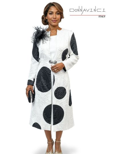Donna Vinci Couture <br> (Spring/Summer 2026) <br> DV12275 <br> <br> WHITE/BLACK <br> 4 6 8 10 12 14 16 18 20<br> <br> 2pc. Dress & Jacket Set <br> Novelty Fabric Jacket, Virtual Silk Dress With Detachable Broach & Updated Buttons