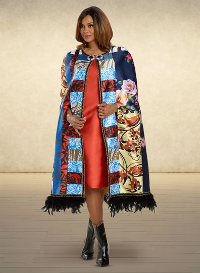 Donna Vinci <br> (Sale) <br> DV12118 <br> <br> MULTI/ORANGE <br> 16 18 22<br> <br> 2pc. Dress & Cape Set <br> Virtual Silk Print Fabric Trimmed With Black Feathers & Rhinestone Buckle. Dress in Virtual Silk Fabric.