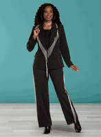 Donna Vinci <br> (Sale) <br> DV12125 <br> <br> BLACK <br> 12 14 18 20<br> <br> 3pc. Jacket, Cami & Pant Set <br> Exclusive Peach Skin Fabric Trimmed With Silver Stud Fringe. Donna Vinci <br> (Sale) <br> DV12125 <br> <br> BLACK <br> 12 14 18 20<br> <br> 3pc. Jacket, Cami & Pant Set <br> Exclusive Peach Skin Fabric Trimmed With Silver Stud Fringe.