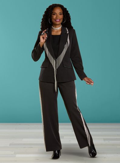 Donna Vinci <br> (Sale) <br> DV12125 <br> <br> BLACK <br> 12 14 18 20<br> <br> 3pc. Jacket, Cami & Pant Set <br> Exclusive Peach Skin Fabric Trimmed With Silver Stud Fringe.