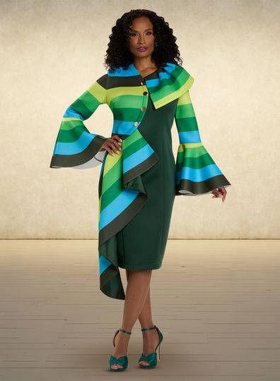 Donna Vinci <br> (Sale) <br> DV12127 <br> <br> HUNTER/MULTI <br> 22 24<br> <br> Dress <br> Poly/Spandex Fabric in Print & Solid With Gold Buttons.