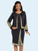 Donna Vinci Knits <br> (Fall 2025) <br> DVK13435 <br> <br> BLACK/GOLD <br> 10 12 14 16 18 20 22 24<br> <br> 3pc. Jacket, Cami & Skirt Set <br> Exclusive Knitted Yarn, Elaborately Trimmed With Gold Rhinestones