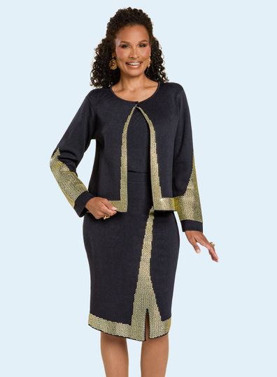 Donna Vinci Knits <br> (Fall 2025) <br> DVK13435 <br> <br> BLACK/GOLD <br> 10 12 14 16 18 20 22 24<br> <br> 3pc. Jacket, Cami & Skirt Set <br> Exclusive Knitted Yarn, Elaborately Trimmed With Gold Rhinestones