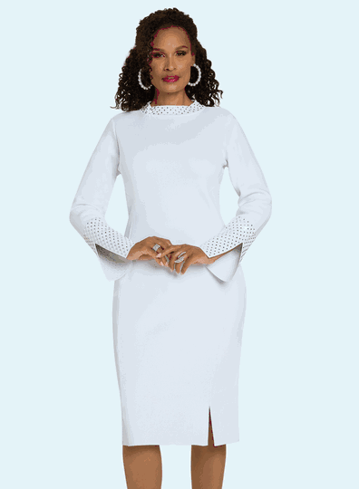 Donna Vinci Knits <br> (Fall 2025) <br> DVK13437-PU <br> <br> PURE-WHITE <br> 8 10 12 14 16 18 20<br> <br> Dress <br> Exclusive Knitted Yarn, Elaborately Trimmed With Rhinestones.