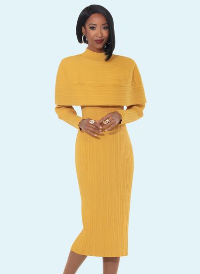 Donna Vinci Knits <br> (Fall 2025) <br> DVK13444-MU <br> <br> MUSTARD <br> 8 10 12 14 16 18 20<br> <br> Dress <br> Exclusive Textured Knitted Yarn