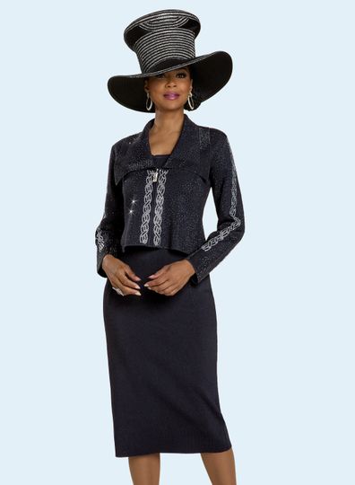 Donna Vinci Knits <br> (Fall 2025) <br> DVK13447 <br> <br> BLACK <br> 10 12 14 16 18 20 22<br> <br> 2pc. Dress/Jacket <br> Exclusive Knitted Yarn, Elaborately Trimmed With Silver Rhinestones. Sleeveless Dress
