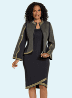 Donna Vinci Knits <br> (Fall 2025) <br> DVK13448-BL <br> <br> BLACK/GOLD <br> 8 10 12 14 16 18 20<br> <br> 2pc. Dress/Jacket <br> Exclusive Knitted Yarn, Elaborately Trimmed With Rhinestones & Gold Grommets.  Sleeveless Dress