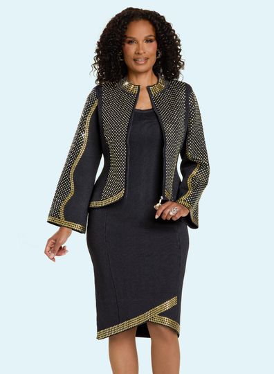Donna Vinci Knits <br> (Fall 2025) <br> DVK13448-BL <br> <br> BLACK/GOLD <br> 8 10 12 14 16 18 20<br> <br> 2pc. Dress/Jacket <br> Exclusive Knitted Yarn, Elaborately Trimmed With Rhinestones & Gold Grommets.  Sleeveless Dress