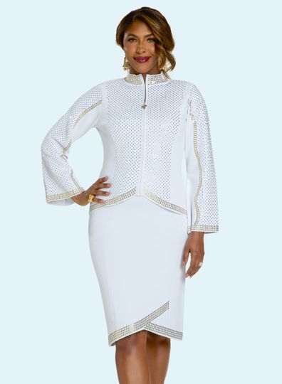 Donna Vinci Knits <br> (Fall 2025) <br> DVK13448-WH <br> <br> WHITE/SL-GD <br> 8 10 12 14 16 18 20<br> <br> 2pc. Dress/Jacket <br> Exclusive Knitted Yarn, Elaborately Trimmed With Rhinestones & Gold Grommets.  Sleeveless Dress