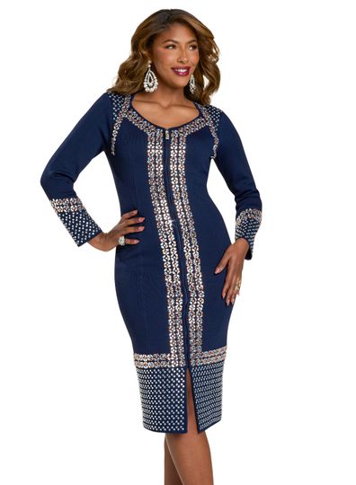 Donna Vinci Knits <br> (Fall 2025) <br> DVK13449 <br> <br> NAVY <br> 8 10 12 14 16 18 20<br> <br> Dress <br> Exclusive Knitted Yarn, Elaborately Trimmed With Clear & Rose Gold Rhinestones