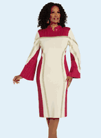 Donna Vinci Knits <br> (Fall 2025) <br> DVK13450 <br> <br> TAN/RASPBERRY <br> 8 10 12 14 16 18 20<br> <br> Dress <br> Exclusive Knitted Yarn, Elaborately Trimmed With Gold Rhinestones, Front & Back