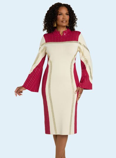 Donna Vinci Knits <br> (Fall 2025) <br> DVK13450 <br> <br> TAN/RASPBERRY <br> 8 10 12 14 16 18 20<br> <br> Dress <br> Exclusive Knitted Yarn, Elaborately Trimmed With Gold Rhinestones, Front & Back