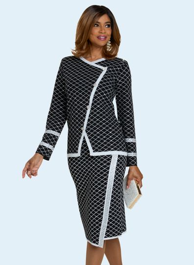 Donna Vinci Knits <br> (Fall 2025) <br> DVK13451-BL <br> <br> BLACK/WHITE <br> 10 12 14 16 18 20 22<br> <br> 2pc. Jacket & Skirt Set <br> Exclusive Intarsia Knit Yarn, Designed With Rhinestones Trims & Buttons
