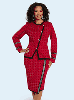 Donna Vinci Knits <br> (Fall 2025) <br> DVK13451-RE <br> <br> RED/BLACK <br> 10 12 14 16 18 20 22<br> <br> 2pc. Jacket & Skirt Set <br> Exclusive Intarsia Knit Yarn, Designed With Rhinestones Trims & Buttons