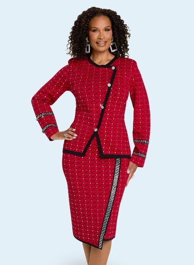 Donna Vinci Knits <br> (Fall 2025) <br> DVK13451-RE <br> <br> RED/BLACK <br> 10 12 14 16 18 20 22<br> <br> 2pc. Jacket & Skirt Set <br> Exclusive Intarsia Knit Yarn, Designed With Rhinestones Trims & Buttons
