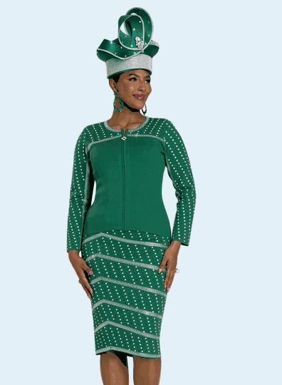 Donna Vinci Knits <br> (Fall 2025) <br> DVK13452 <br> <br> EMERALD-GREEN <br> 8 10 12 14 16 18 20<br> <br> 2pc. Jacket & Skirt Set <br> Exclusive Knitted Yarn, Elaborately Trimmed With Rhinestones & Pearls