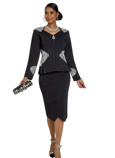 Donna Vinci Knits <br> (Fall 2025) <br> DVK13453-BL <br> <br> BLACK/SILVER <br> 8 10 12 14 16 18 20<br> <br> 2pc. Jacket & Skirt Set <br> Exclusive Knitted Yarn, Elaborately Trimmed With Rhinestones