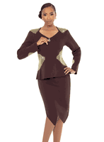 Donna Vinci Knits <br> (Fall 2025) <br> DVK13453-BR <br> <br> BROWN/GOLD <br> 8 10 12 14 16 18 20<br> <br> 2pc. Jacket & Skirt Set <br> Exclusive Knitted Yarn, Elaborately Trimmed With Rhinestones