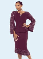 Donna Vinci Knits <br> (Fall 2025) <br> DVK13454 <br> <br> PLUM <br> 8 10 12 14 16 18 20<br> <br> 2pc. Jacket & Skirt Set <br> Exclusive Knitted Yarn, Elaborately Trimmed With Rhinestones