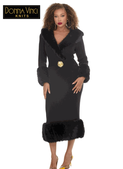 Donna Vinci Knits <br> (Fall/Holiday 2026) <br> DVK13455-BL <br> <br> BLACK <br> 8 10 12 14 16 18 20<br> <br> Dress <br> Exclusive Textured Knitted Yarn With Faux Fur