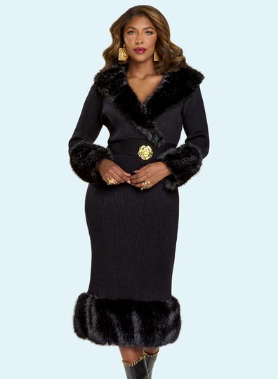 Donna Vinci Knits <br> (Fall 2025) <br> DVK13455-BL <br> <br> BLACK <br> 8 10 12 14 16 18 20<br> <br> Dress <br> Exclusive Textured Knitted Yarn With Faux Fur