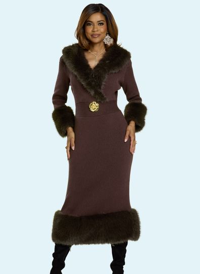 Donna Vinci Knits <br> (Fall 2025) <br> DVK13455-BR <br> <br> BROWN <br> 8 10 12 14 16 18 20<br> <br> Dress <br> Exclusive Textured Knitted Yarn With Faux Fur