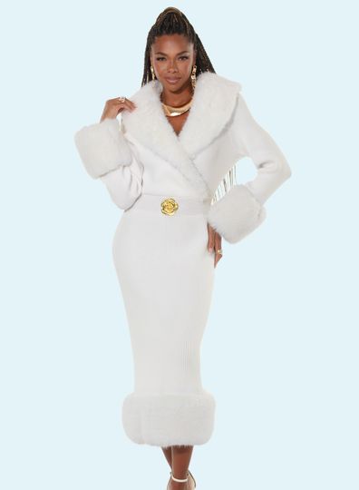 Donna Vinci Knits <br> (Fall 2025) <br> DVK13455-WH <br> <br> WHITE <br> 8 10 12 14 16 18 20<br> <br> Dress <br> Exclusive Textured Knitted Yarn With Faux Fur