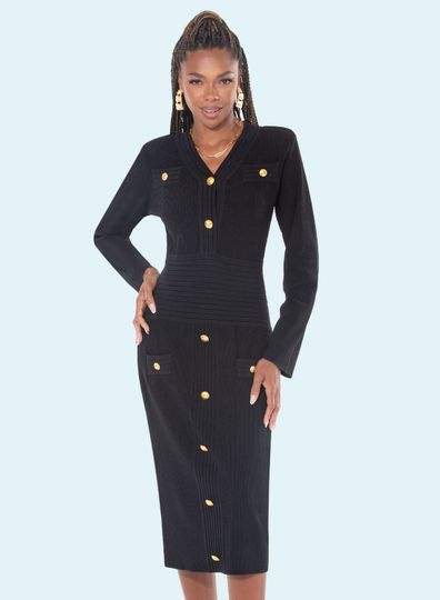 Donna Vinci Knits <br> (Fall 2025) <br> DVK13457 <br> <br> BLACK <br> 8 10 12 14 16 18 20<br> <br> Dress <br> Exclusive Textured Knitted Yarn With Gold Buttons