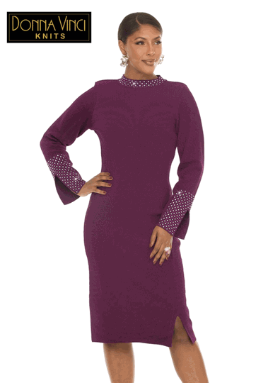 Donna Vinci Knits <br> (Fall/Holiday 2026) <br> DVK13437 <br> <br> PLUM <br> 8 10 12 14 16 18 20<br> <br> Dress <br> Exclusive Knitted Yarn, Elaborately Trimmed With Rhinestones.