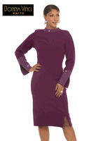 Donna Vinci Knits <br> (Fall/Holiday 2026) <br> DVK13437 <br> <br> PLUM <br> 8 10 12 14 16 18 20<br> <br> Dress <br> Exclusive Knitted Yarn, Elaborately Trimmed With Rhinestones.