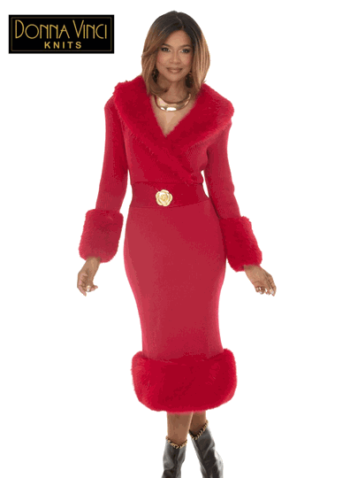 Donna Vinci Knits <br> (Fall/Holiday 2026) <br> DVK13455-RE <br> <br> RED <br> 8 10 12 14 16 18 20<br> <br> Dress <br> Exclusive Textured Knitted Yarn With Faux Fur