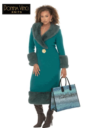 Donna Vinci Knits <br> (Fall/Holiday 2026) <br> DVK13455-TE <br> <br> TEAL-GREEN <br> 8 10 12 14 16 18 20<br> <br> Dress <br> Exclusive Textured Knitted Yarn With Faux Fur