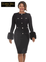 Donna Vinci Knits <br> (Fall/Holiday 2026) <br> DVK13470-BL <br> <br> BLACK <br> 6 8 10 12 14 16 18 20<br> <br> 2pc. Jacket & Skirt Set <br> Exclusive Knitted Yarn, Designed With Detachable Faux Fur & Pearl Buttons