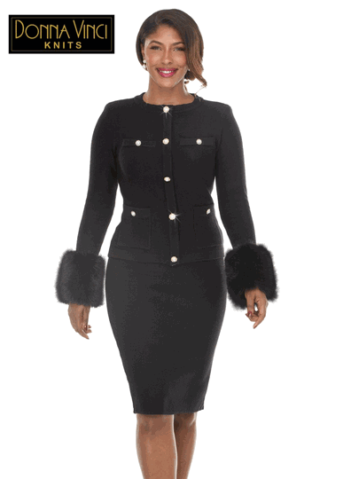 Donna Vinci Knits <br> (Fall/Holiday 2026) <br> DVK13470-BL <br> <br> BLACK <br> 6 8 10 12 14 16 18 20<br> <br> 2pc. Jacket & Skirt Set <br> Exclusive Knitted Yarn, Designed With Detachable Faux Fur & Pearl Buttons