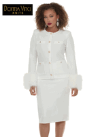 Donna Vinci Knits <br> (Fall/Holiday 2026) <br> DVK13470-OF <br> <br> OFF-WHITE <br> 6 8 10 12 14 16 18 20<br> <br> 2pc. Jacket & Skirt Set <br> Exclusive Knitted Yarn, Designed With Detachable Faux Fur & Pearl Buttons