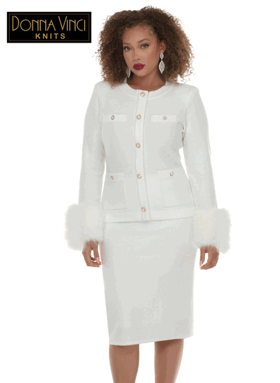 Donna Vinci Knits <br> (Fall/Holiday 2026) <br> DVK13470-OF <br> <br> OFF-WHITE <br> 6 8 10 12 14 16 18 20<br> <br> 2pc. Jacket & Skirt Set <br> Exclusive Knitted Yarn, Designed With Detachable Faux Fur & Pearl Buttons