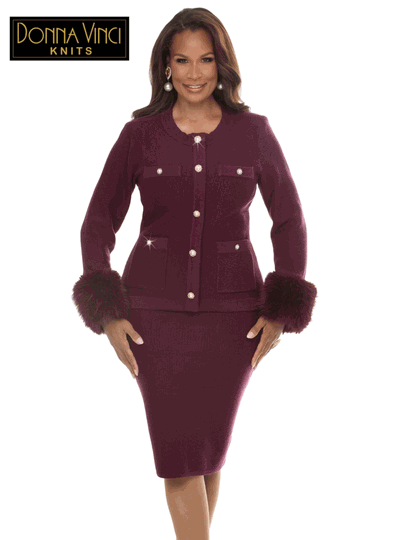 Donna Vinci Knits <br> (Fall/Holiday 2026) <br> DVK13470-PL <br> <br> PLUM <br> 6 8 10 12 14 16 18 20<br> <br> 2pc. Jacket & Skirt Set <br> Exclusive Knitted Yarn, Designed With Detachable Faux Fur & Pearl Buttons