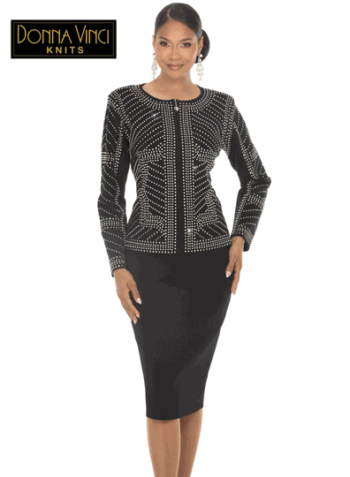 Donna Vinci Knits <br> (Fall/Holiday 2026) <br> DVK13471-BL <br> <br> BLACK <br> 6 8 10 12 14 16 18 20<br> <br> 2pc. Jacket & Skirt Set <br> Exclusive Knitted Yarn, Designed With Rhinestones & Pearls