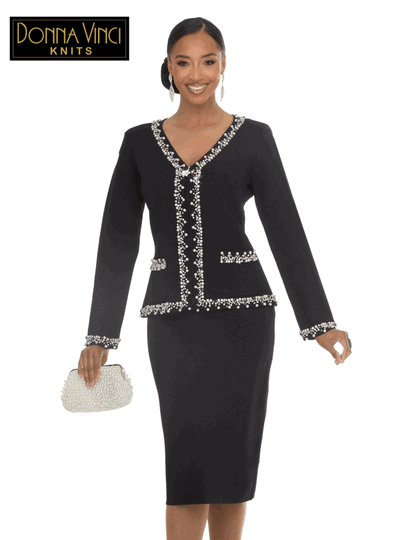 Donna Vinci Knits <br> (Fall/Holiday 2026) <br> DVK13472-BL <br> <br> BLACK <br> 6 8 10 12 14 16 18 20<br> <br> 2pc. Jacket & Skirt Set <br> Exclusive Knitted Yarn, Designed With Rhinestones & Pearls