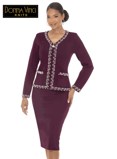 Donna Vinci Knits <br> (Fall/Holiday 2026) <br> DVK13472-PL <br> <br> PLUM <br> 6 8 10 12 14 16 18 20<br> <br> 2pc. Jacket & Skirt Set <br> Exclusive Knitted Yarn, Designed With Rhinestones & Pearls