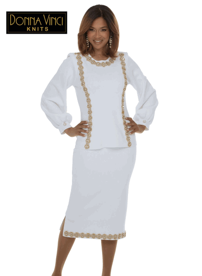 Donna Vinci Knits <br> (Fall/Holiday 2026) <br> DVK13473-OF <br> <br> OFF-WHITE <br> 6 8 10 12 14 16 18 20<br> <br> 2pc. Jacket & Skirt Set <br> Exclusive Knitted Yarn, With An Elaborate Rhinestones & Pearls Trims