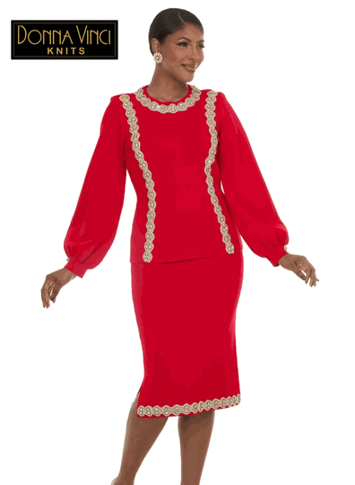 Donna Vinci Knits <br> (Fall/Holiday 2026) <br> DVK13473-RE <br> <br> RED <br> 6 8 10 12 14 16 18 20<br> <br> 2pc. Jacket & Skirt Set <br> Exclusive Knitted Yarn, With An Elaborate Rhinestones & Pearls Trims