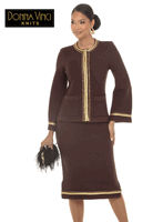 Donna Vinci Knits <br> (Fall/Holiday 2026) <br> DVK13474-BR <br> <br> BROWN <br> 8 10 12 14 16 18 20 22<br> <br> 2pc. Jacket & Skirt Set <br> Exclusive Textured Knitted Yarn With Gold Trims & Rhinestones