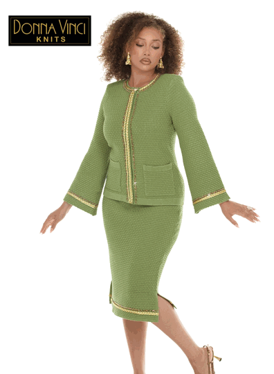 Donna Vinci Knits <br> (Fall/Holiday 2026) <br> DVK13474-SA <br> <br> SAGE <br> 8 10 12 14 16 18 20 22<br> <br> 2pc. Jacket & Skirt Set <br> Exclusive Textured Knitted Yarn With Gold Trims & Rhinestones