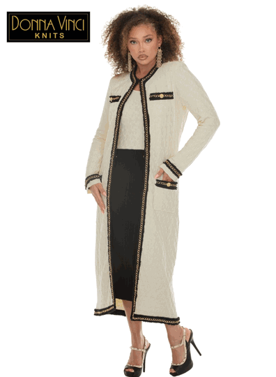 Donna Vinci Knits <br> (Fall/Holiday 2026) <br> DVK13475-CR <br> <br> CREAM/BLACK <br> 6 8 10 12 14 16 18 20<br> <br> 2pc. Dress & Jacket Set <br> Exclusive Textured Knitted Yarn Trimmed With Gold Chain & Buttons