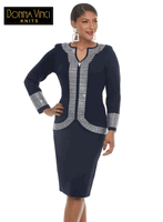 Donna Vinci Knits <br> (Fall/Holiday 2026) <br> DVK13476-NA <br> <br> NAVY/SILVER <br> 8 10 12 14 16 18 20 22<br> <br> 2pc. Jacket & Skirt Set <br> Exclusive Knitted Yarn, With An Elaborate Rhinestone Design