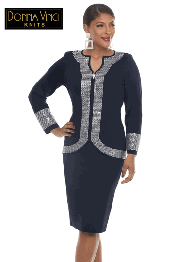 Donna Vinci Knits <br> (Fall/Holiday 2026) <br> DVK13476-NA <br> <br> NAVY/SILVER <br> 8 10 12 14 16 18 20 22<br> <br> 2pc. Jacket & Skirt Set <br> Exclusive Knitted Yarn, With An Elaborate Rhinestone Design