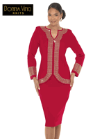 Donna Vinci Knits <br> (Fall/Holiday 2026) <br> DVK13476-RE <br> <br> RED/GOLD <br> 8 10 12 14 16 18 20 22<br> <br> 2pc. Jacket & Skirt Set <br> Exclusive Knitted Yarn, With An Elaborate Rhinestone Design