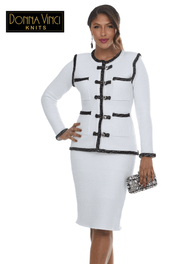 Donna Vinci Knits <br> (Fall/Holiday 2026) <br> DVK13477-OF <br> <br> OFF-WHITE/BLK <br> 6 8 10 12 14 16 18 20<br> <br> 2pc. Jacket & Skirt Set <br> Exclusive Textured Knitted Yarn Trimmed With Novelty Black Braids & Rhinestone Buttons